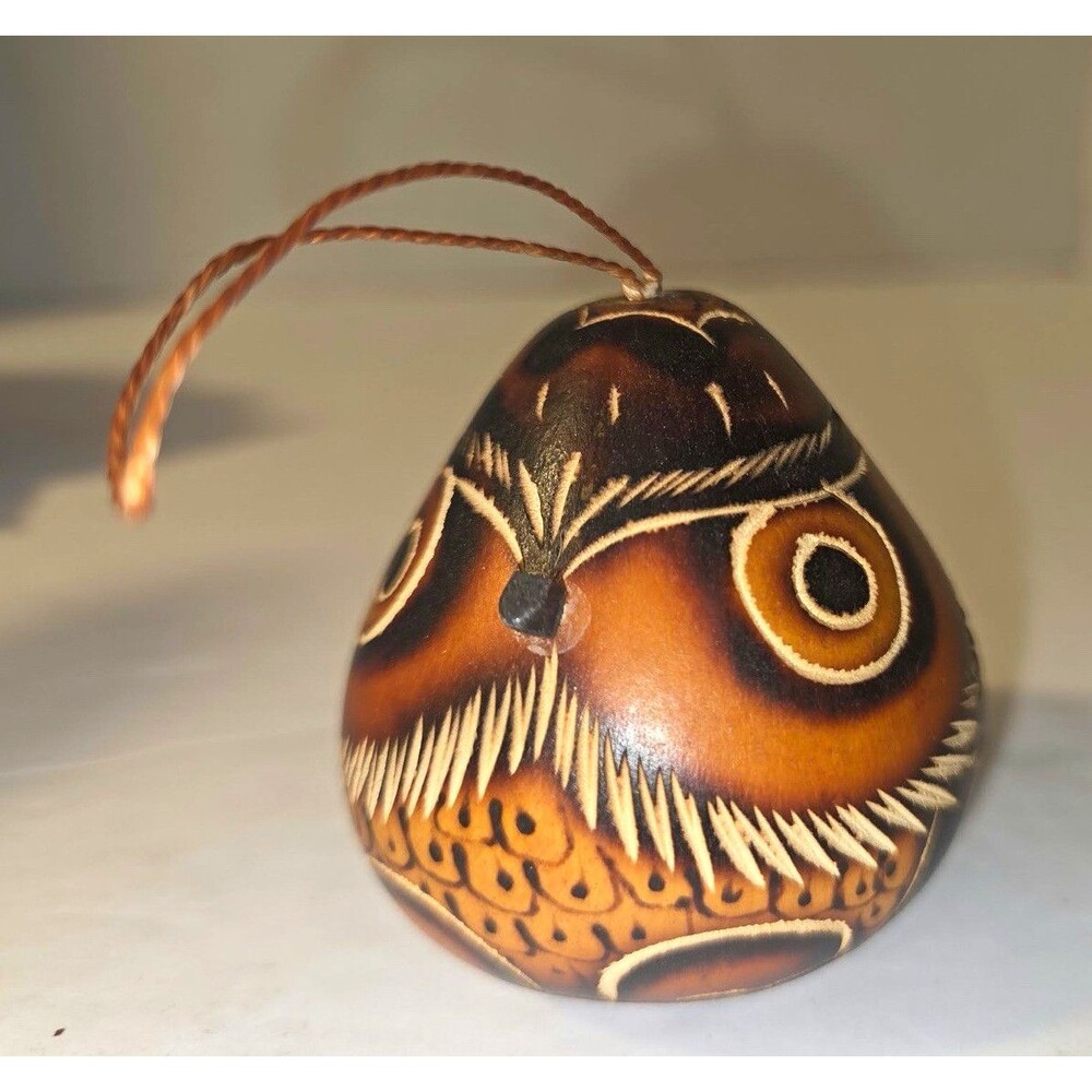Hand Painted Owl Wood Christmas Ornament 3in Brown Black Beige Animal Print